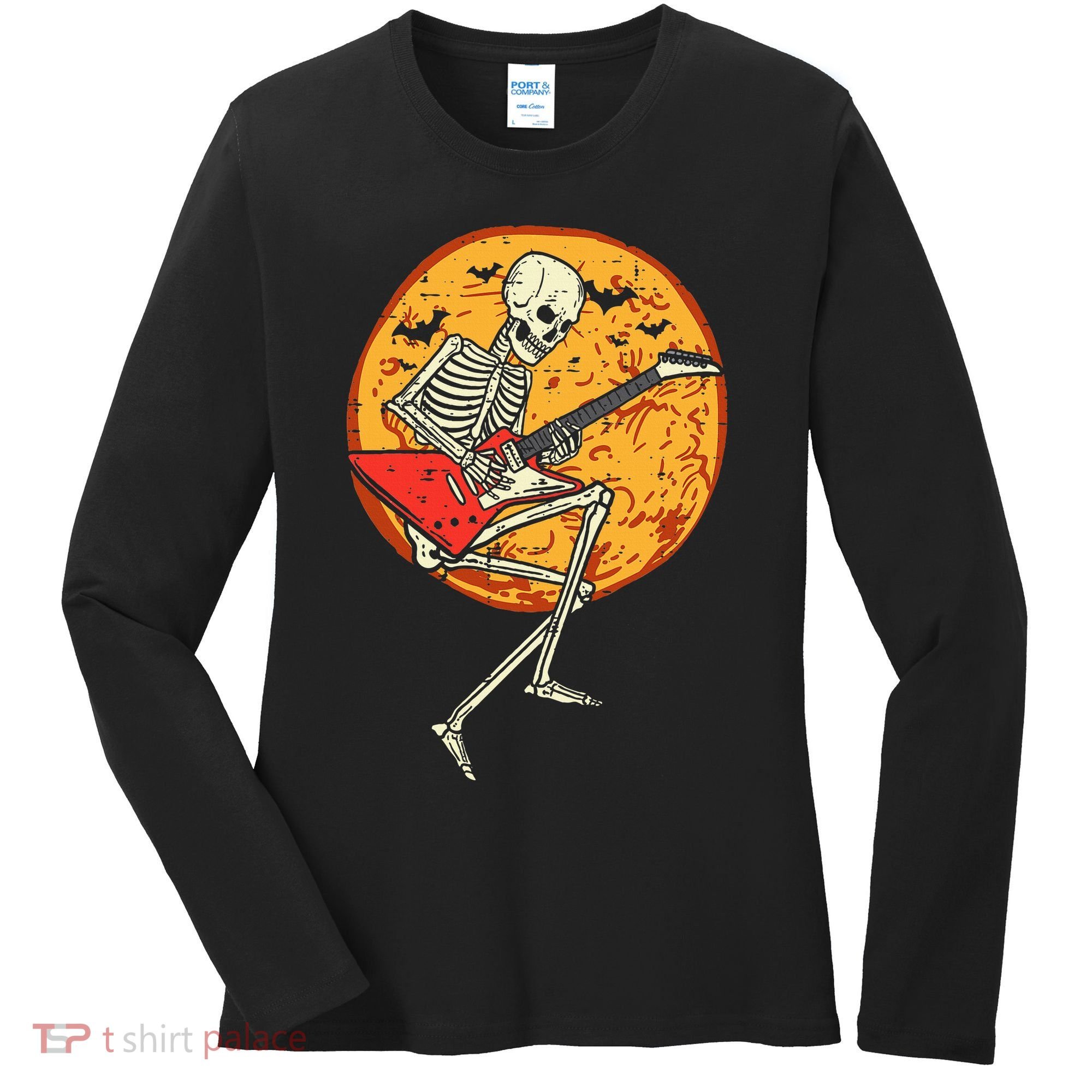 Skeleton Playing Guitar Rock Moon Halloween Music Women's Long Sleeve Shirt