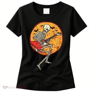Skeleton Playing Guitar Rock Moon Halloween Music Women's T-Shirt