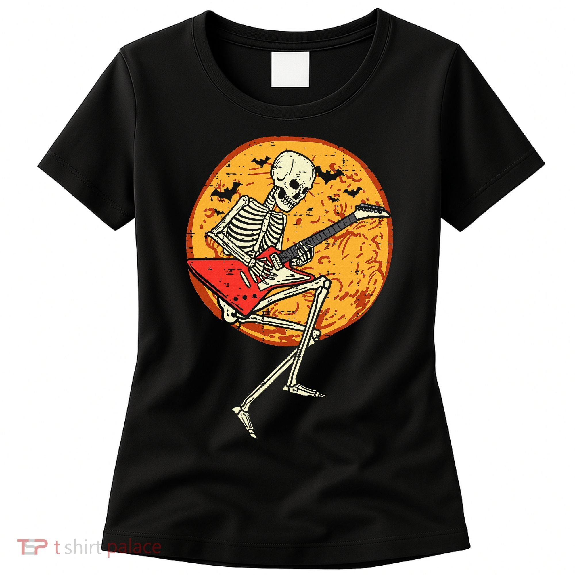 Skeleton Playing Guitar Rock Moon Halloween Music Women's T-Shirt