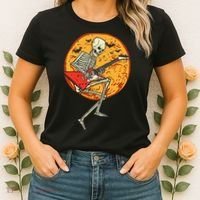 Skeleton Playing Guitar Rock Moon Halloween Music Women's T-Shirt thumb 2
