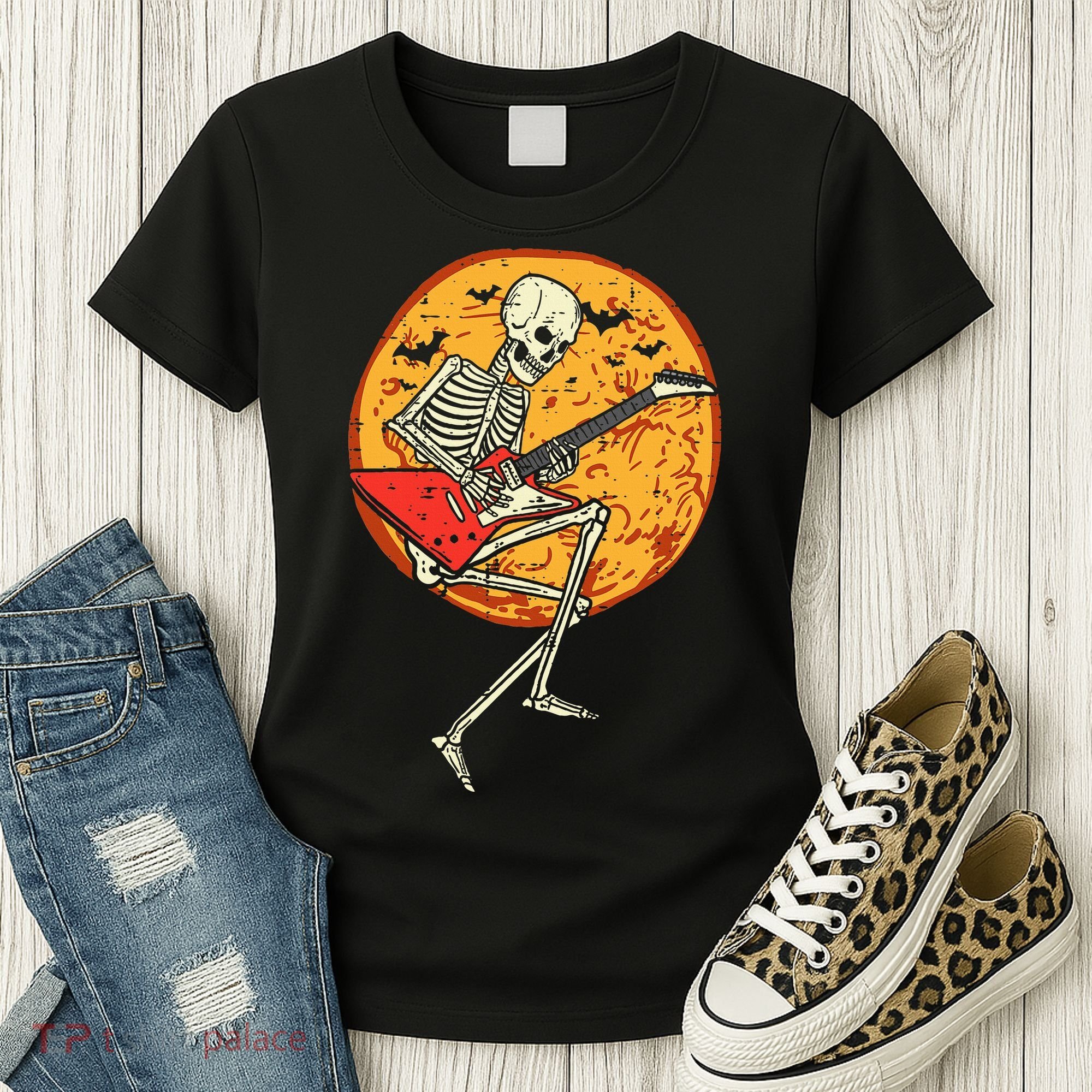 Skeleton Playing Guitar Rock Moon Halloween Music Women's T-Shirt