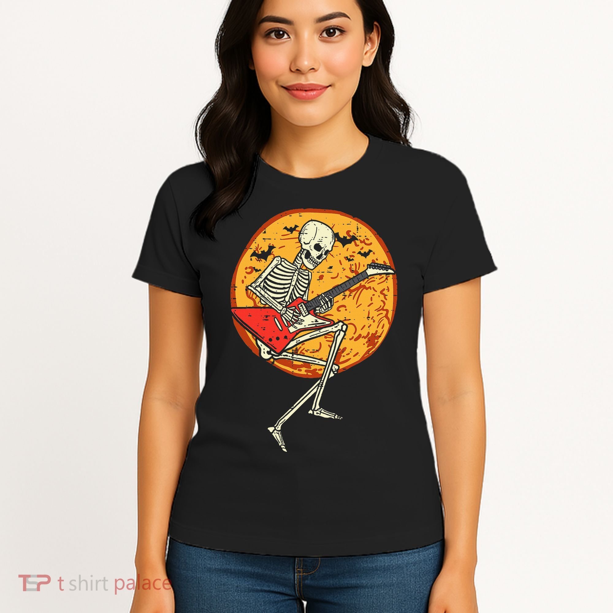 Skeleton Playing Guitar Rock Moon Halloween Music Women's T-Shirt