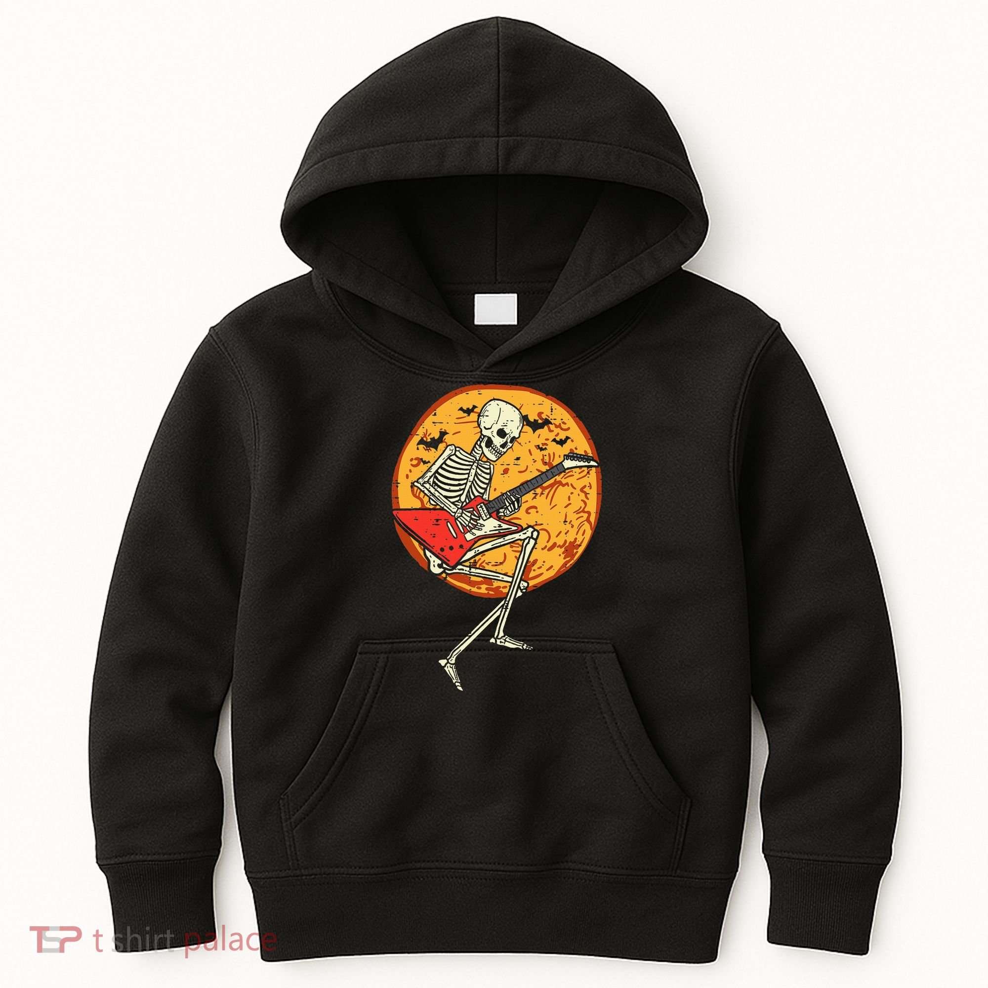 Skeleton Playing Guitar Rock Moon Halloween Music Kids Hoodie