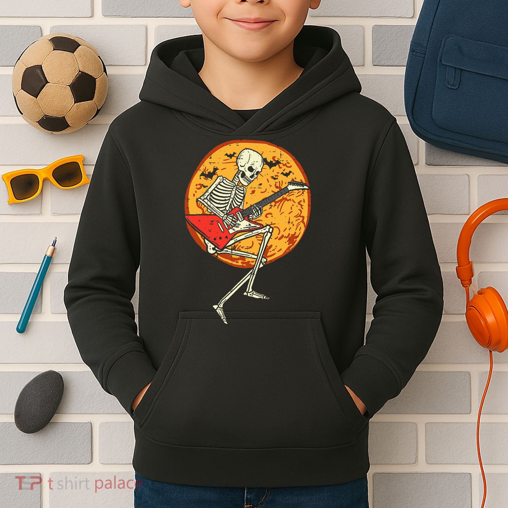 Skeleton Playing Guitar Rock Moon Halloween Music Kids Hoodie