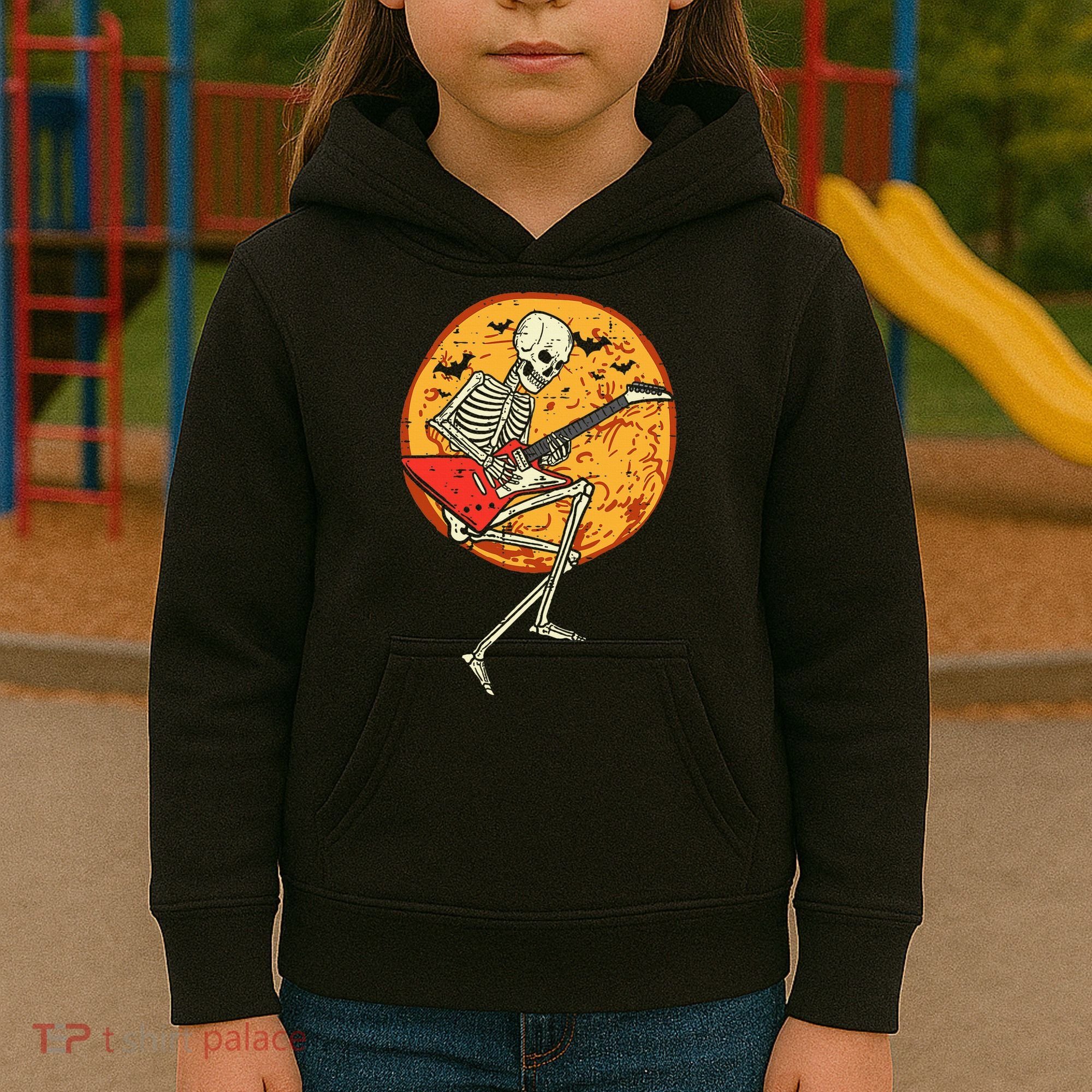 Skeleton Playing Guitar Rock Moon Halloween Music Kids Hoodie