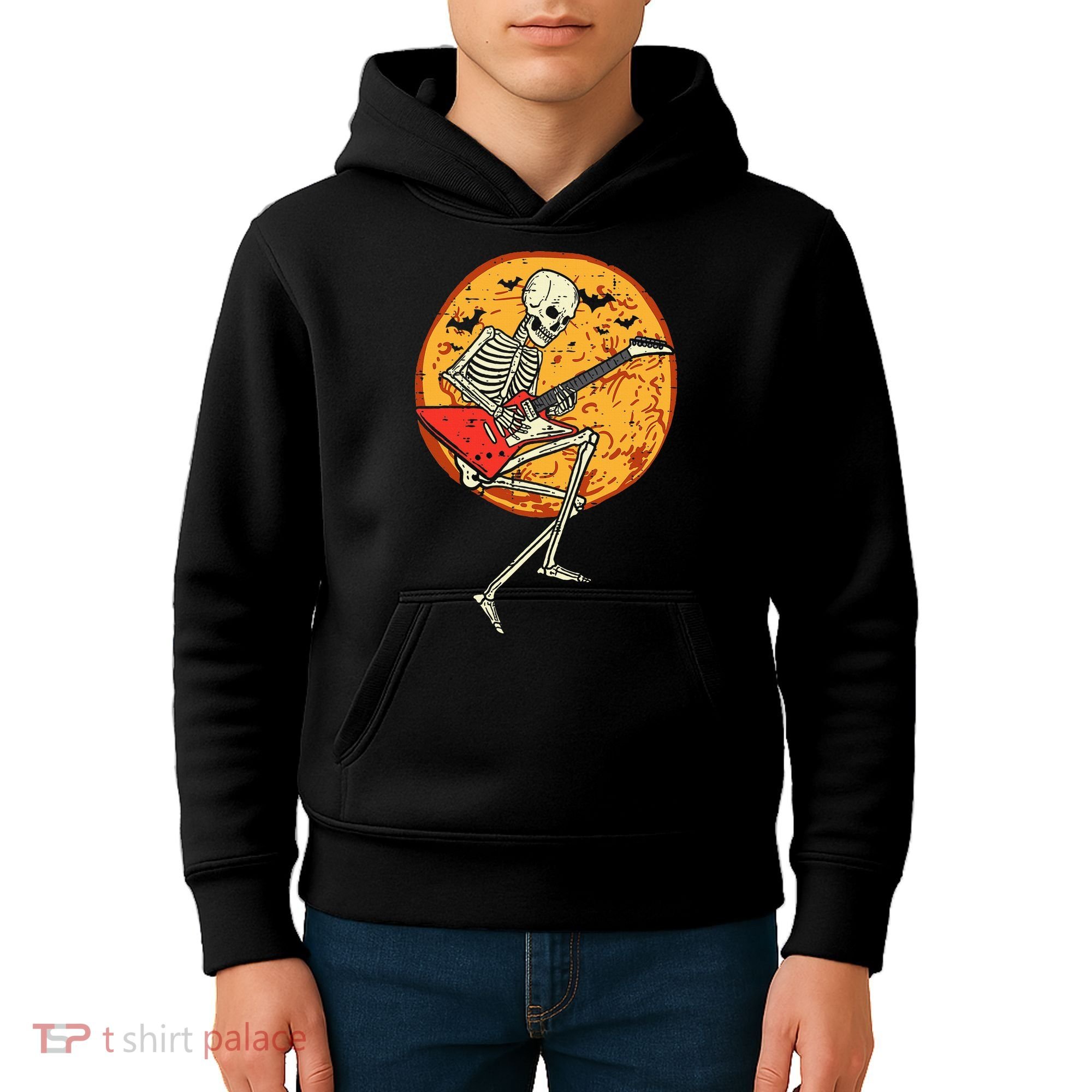 Skeleton Playing Guitar Rock Moon Halloween Music Kids Hoodie