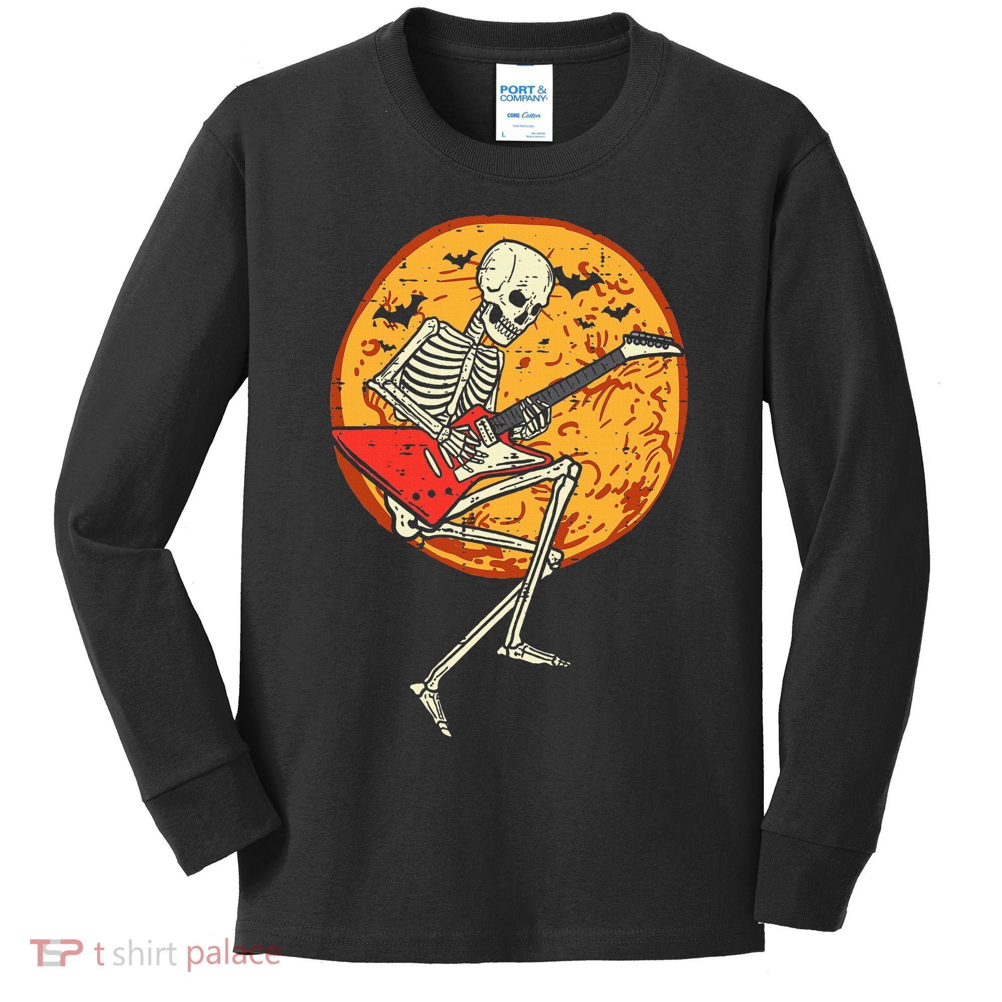 Skeleton Playing Guitar Rock Moon Halloween Music Kids Long Sleeve Shirt