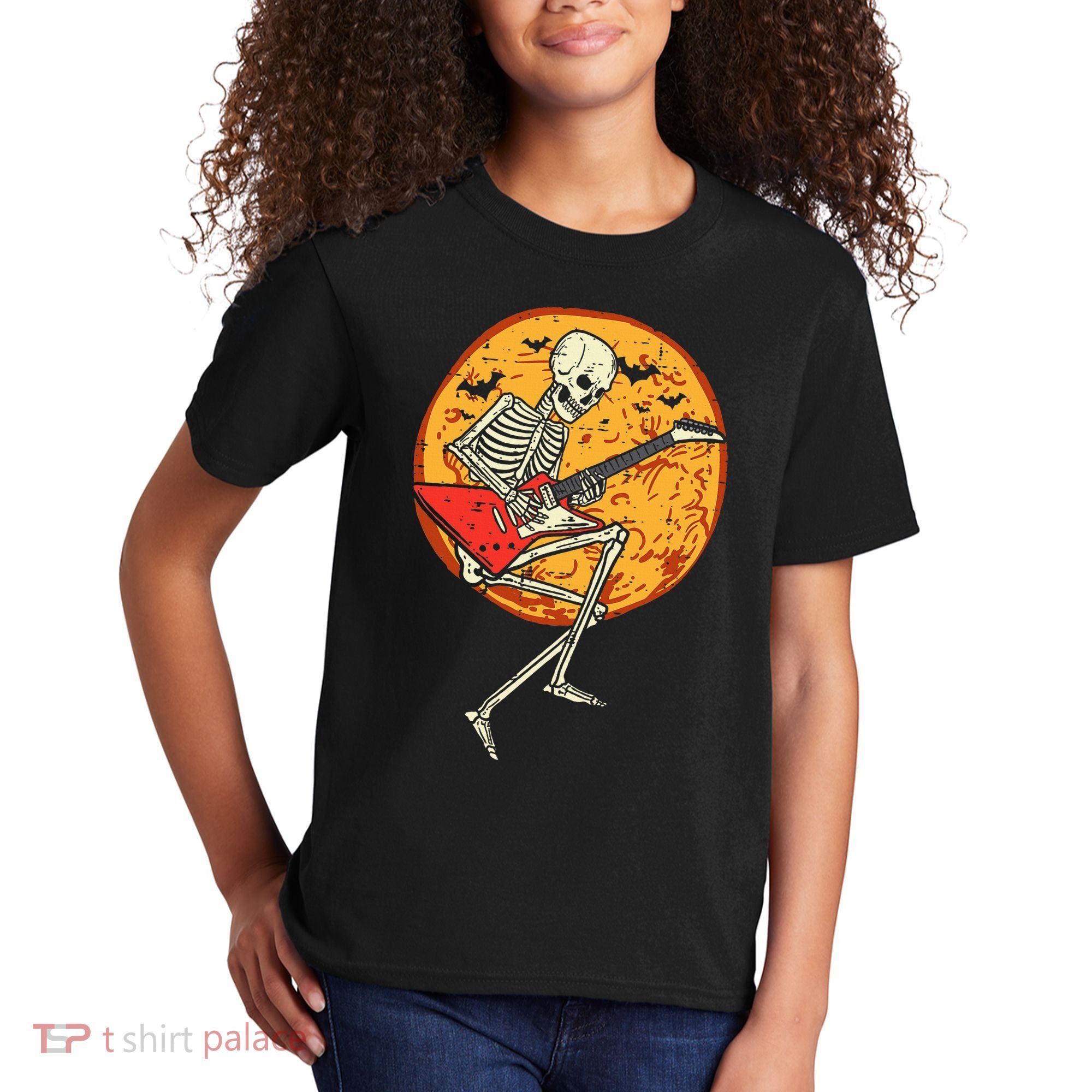 Skeleton Playing Guitar Rock Moon Halloween Music Kids T-Shirt