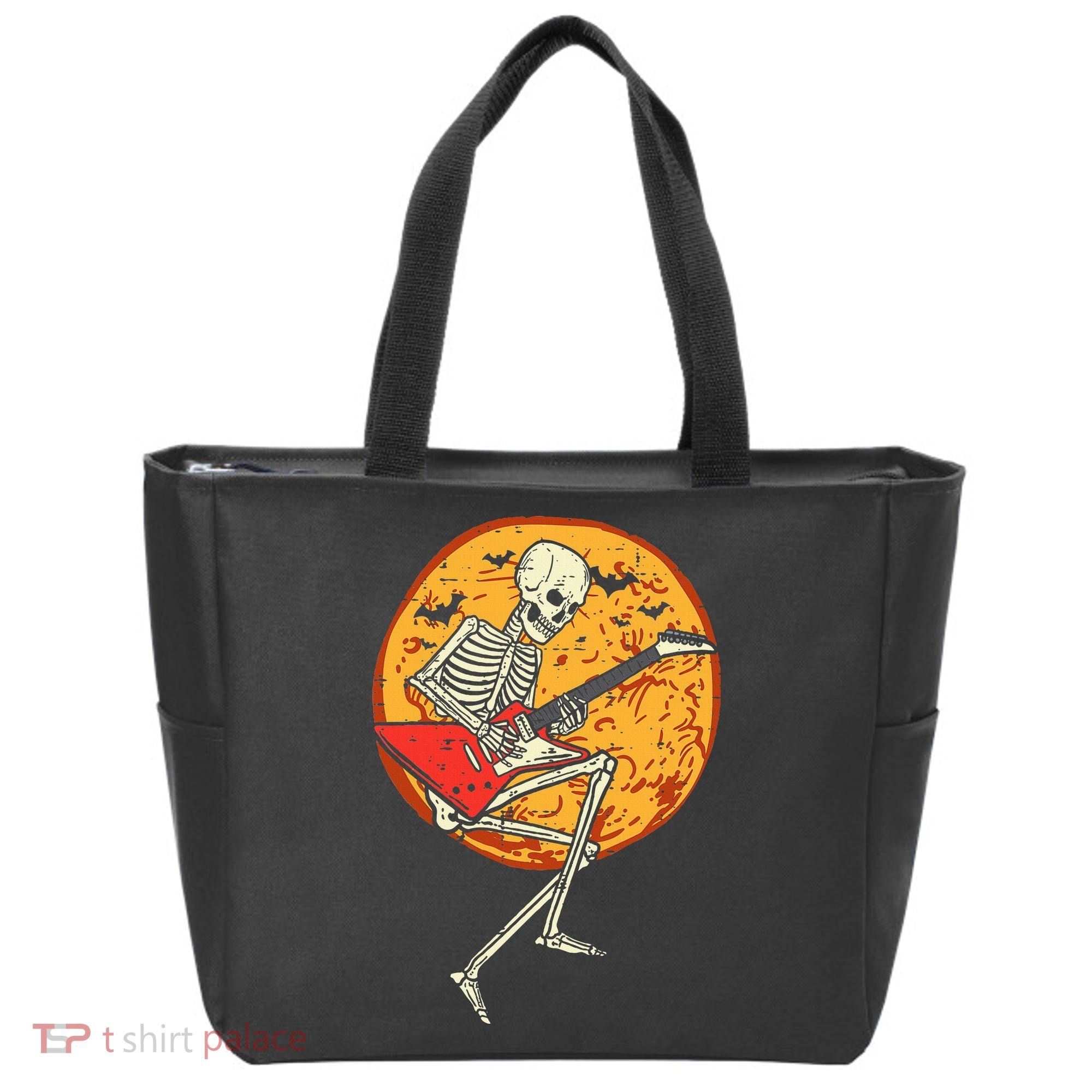Skeleton Playing Guitar Rock Moon Halloween Music Tote Bag