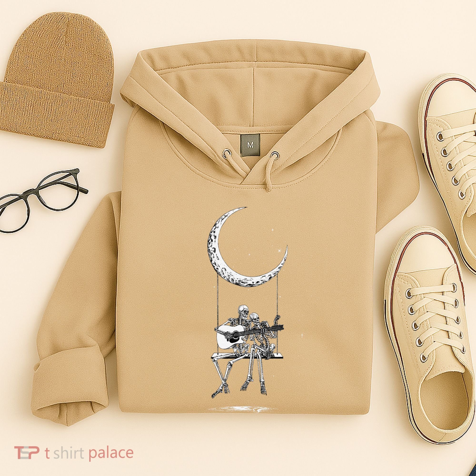 Skeleton Playing Guitar Graphic Band Tees Rock And Roll Moon Hoodie