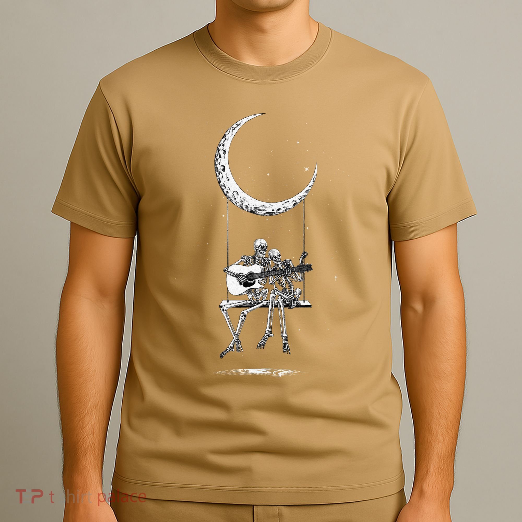 Skeleton Playing Guitar Graphic Band Tees Rock And Roll Moon T-Shirt