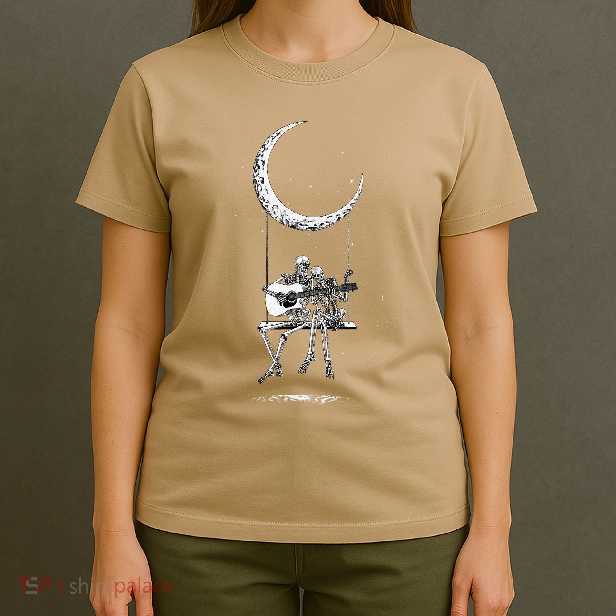 Skeleton Playing Guitar Graphic Band Tees Rock And Roll Moon T-Shirt