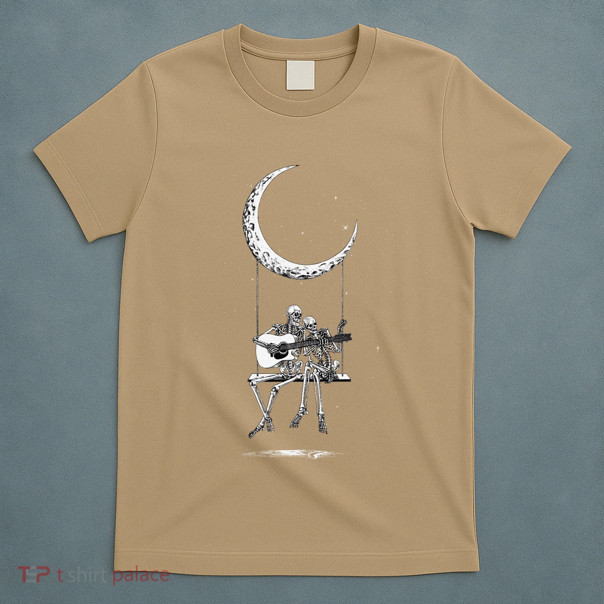 Skeleton Playing Guitar Graphic Band Tees Rock And Roll Moon T-Shirt