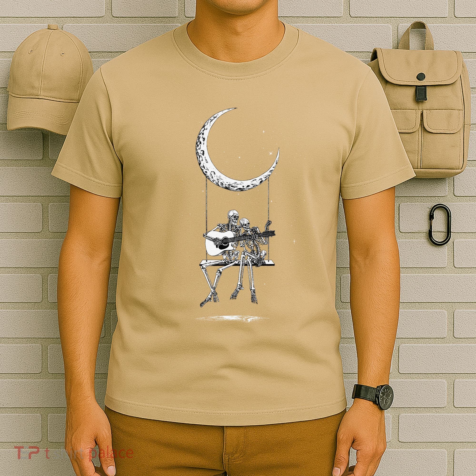 Skeleton Playing Guitar Graphic Band Tees Rock And Roll Moon T-Shirt
