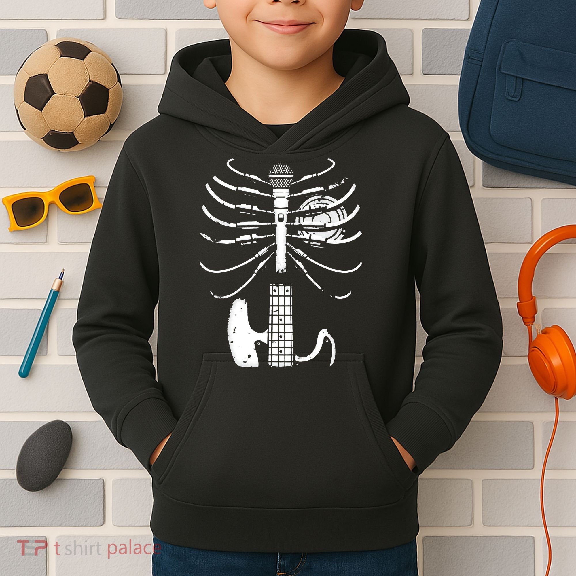 skeleton playing guitar electric Acoustic Classical Kids Hoodie