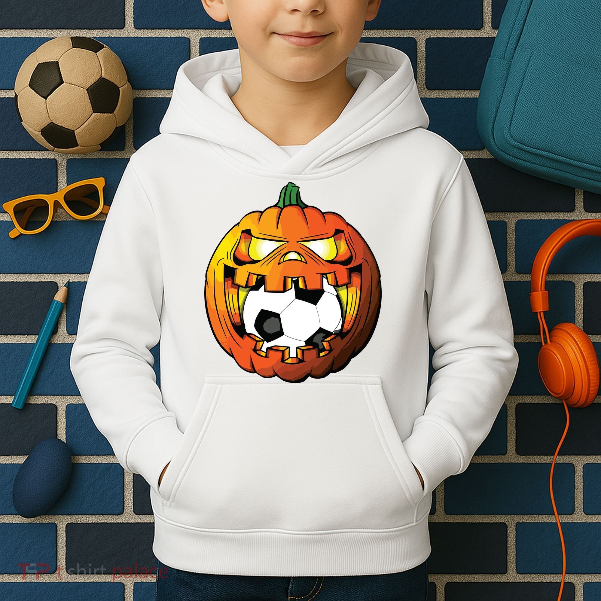 Soccer Player Halloween Pumpkin Skeleton Tees Boy Kids Hoodie