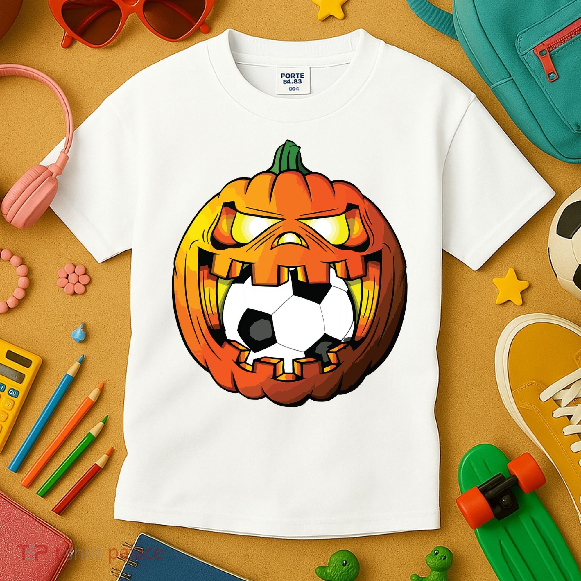 Soccer Player Halloween Pumpkin Skeleton Tees Boy Kids T-Shirt