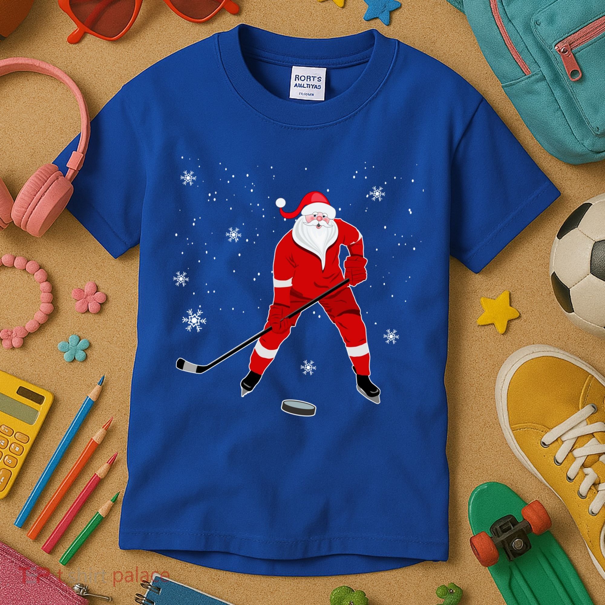 Santa Playing Hockey Christmas Gift For Hockey Players Gift Kids T-Shirt