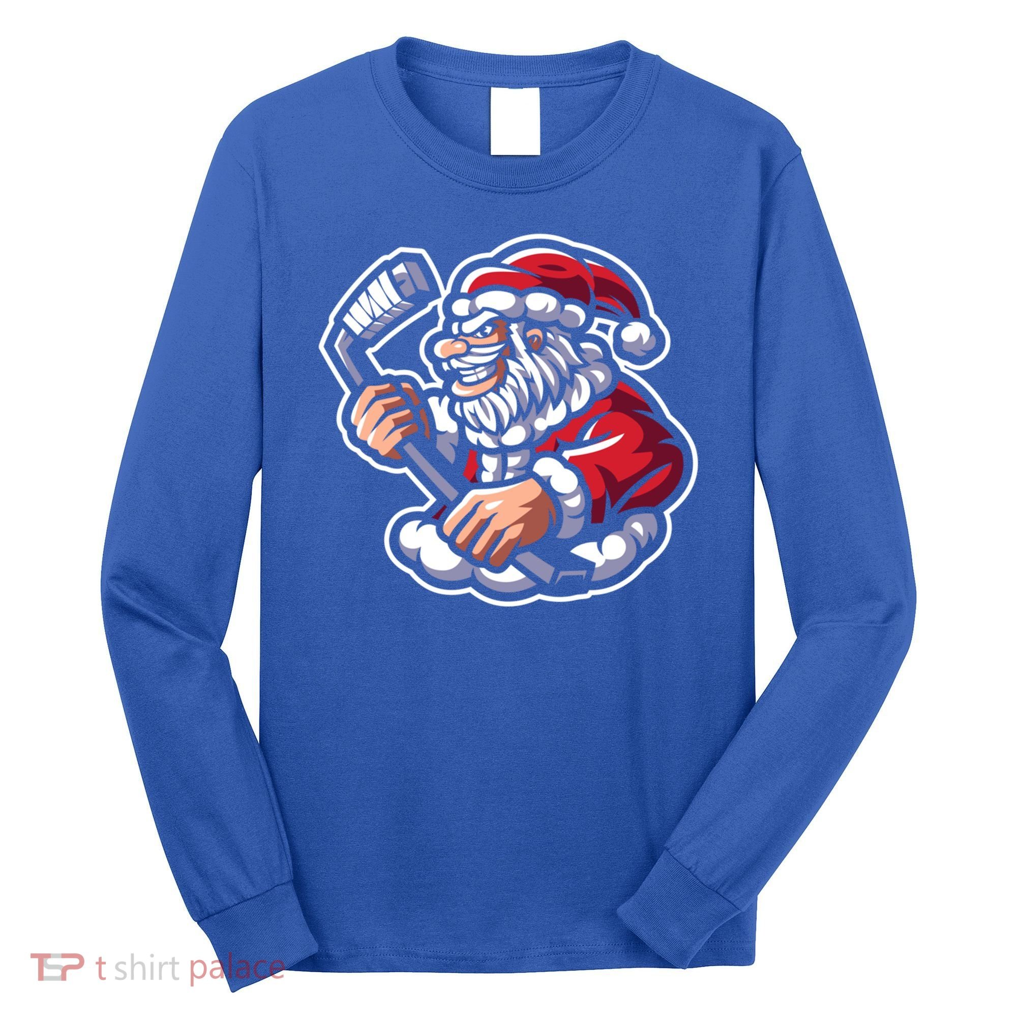 Santa Playing Hockey Christmas Pajama Cool Sport Xmas Gift Long Sleeve Shirt