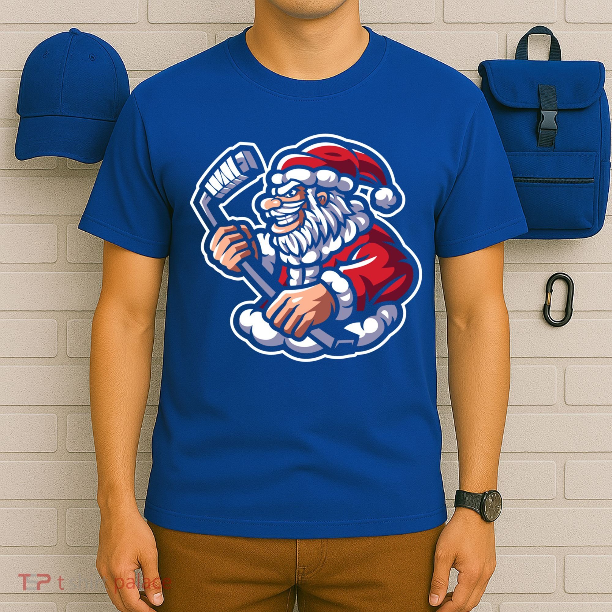 Santa Playing Hockey Christmas Pajama Cool Sport Xmas Gift T-Shirt