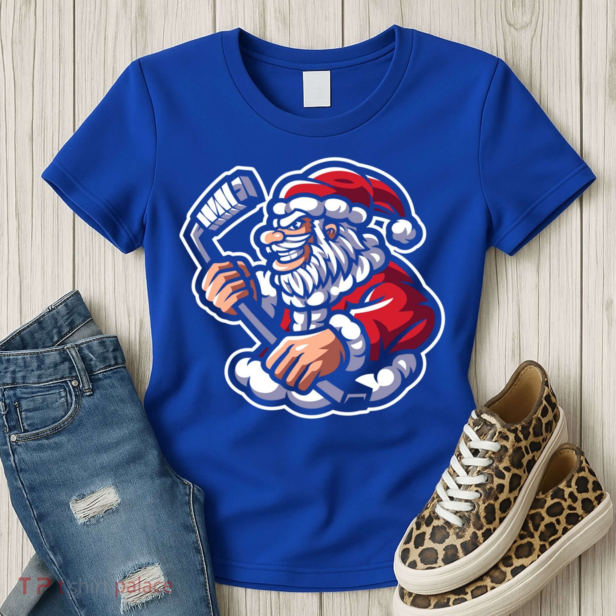 Santa Playing Hockey Christmas Pajama Cool Sport Xmas Gift Women's T-Shirt