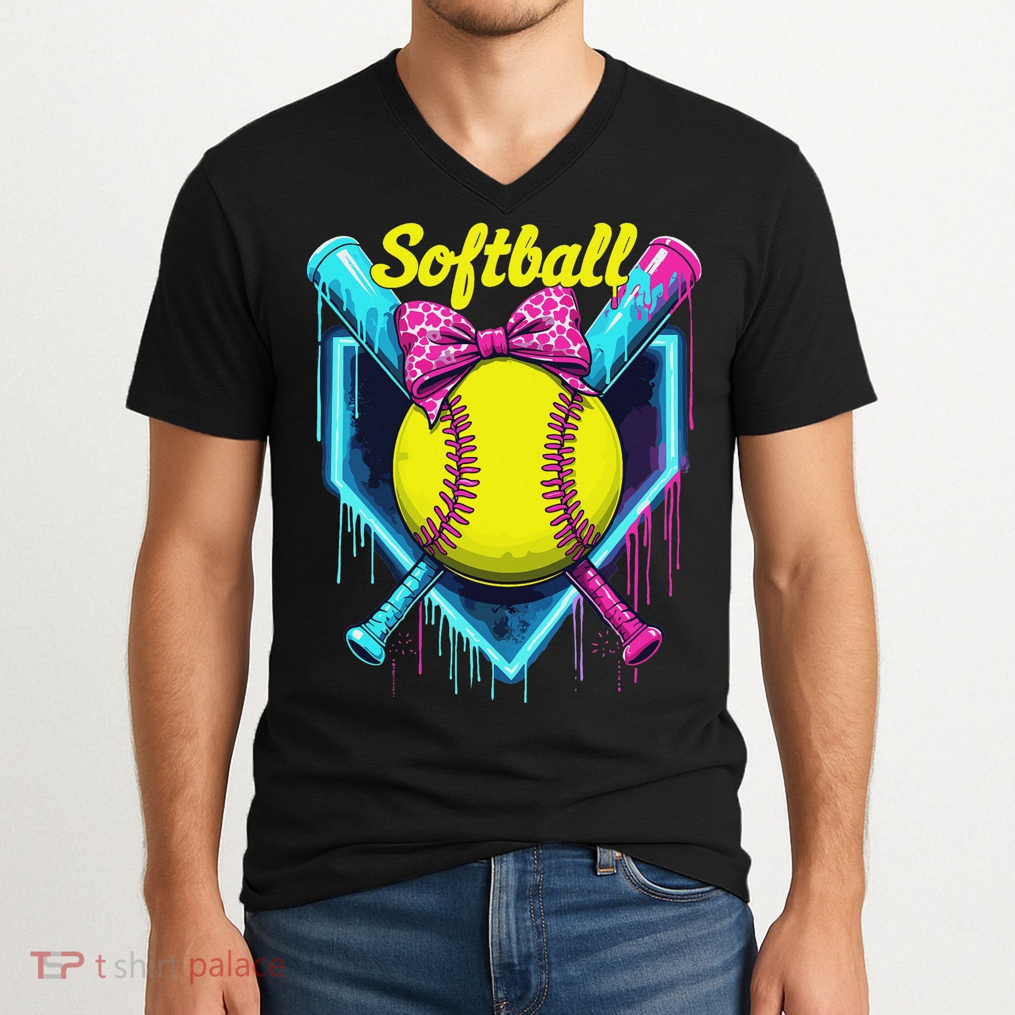Softball Player Ice Cream Softball Drip V-Neck T-Shirt