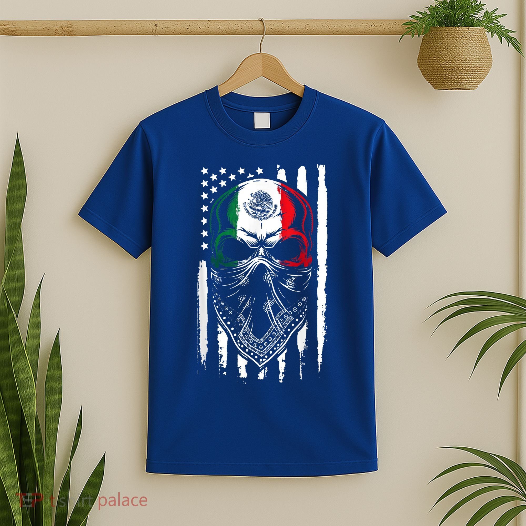 Skull Patriotic Mexican American Aztec Day of the Dead  T-Shirt