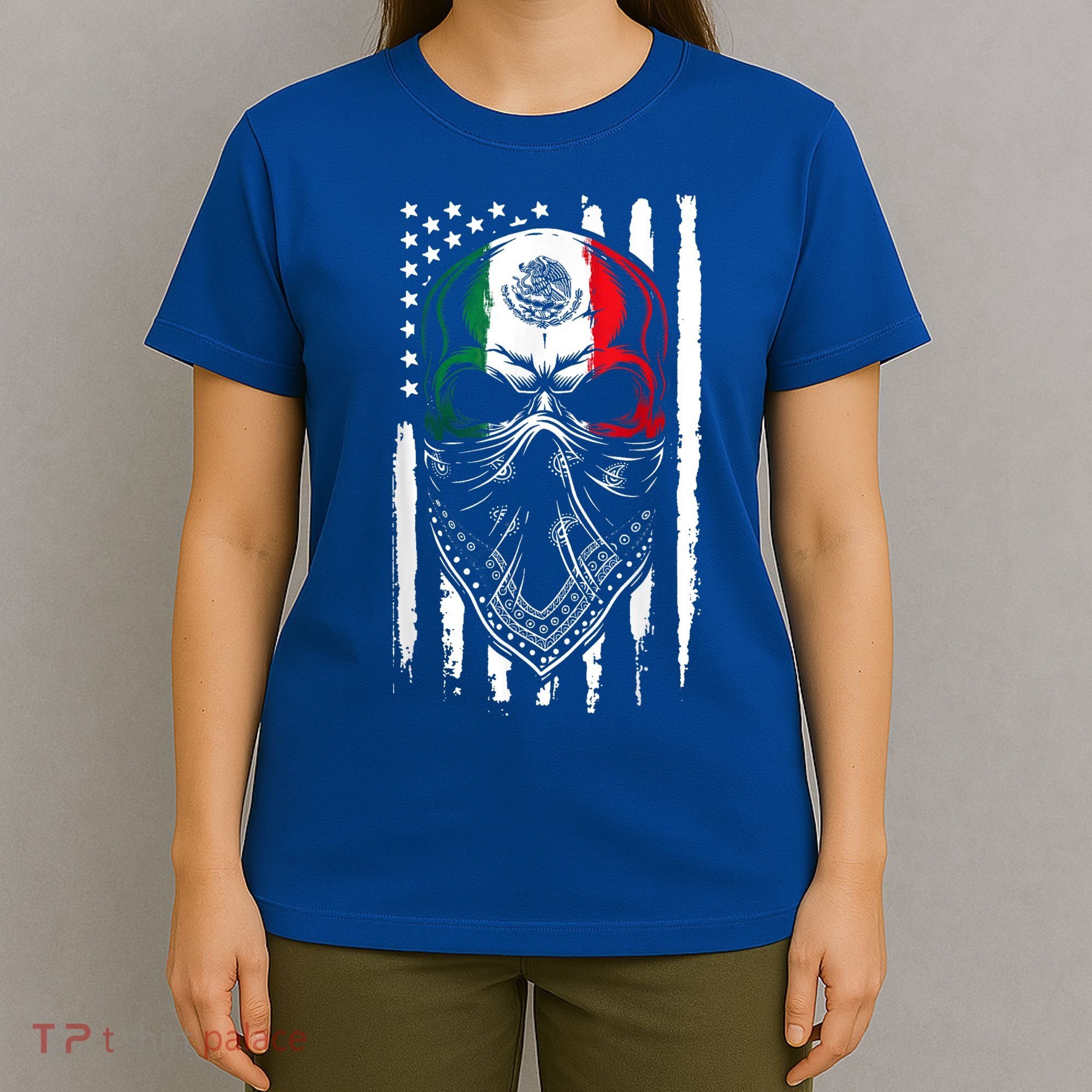 Skull Patriotic Mexican American Aztec Day of the Dead  T-Shirt
