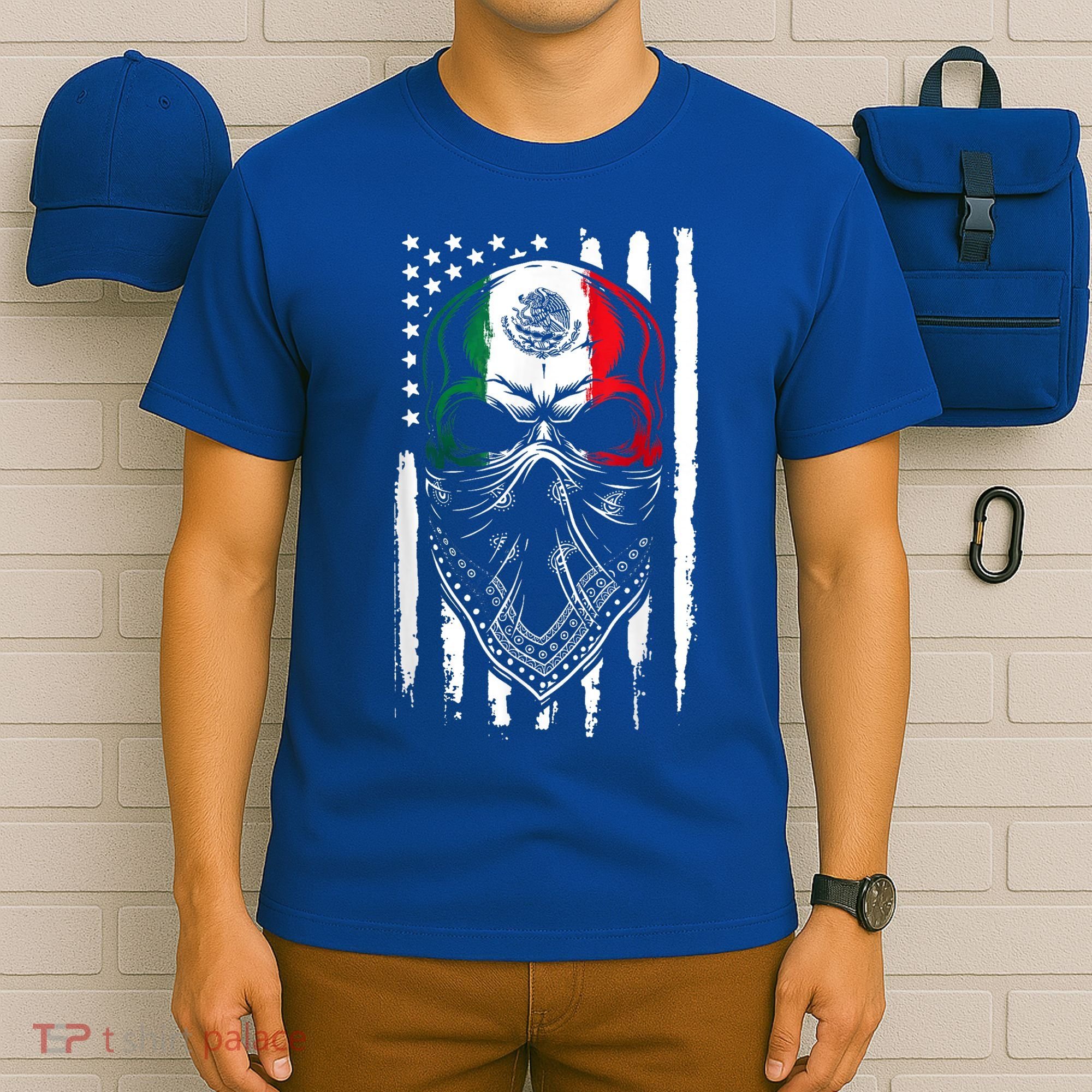 Skull Patriotic Mexican American Aztec Day of the Dead  T-Shirt