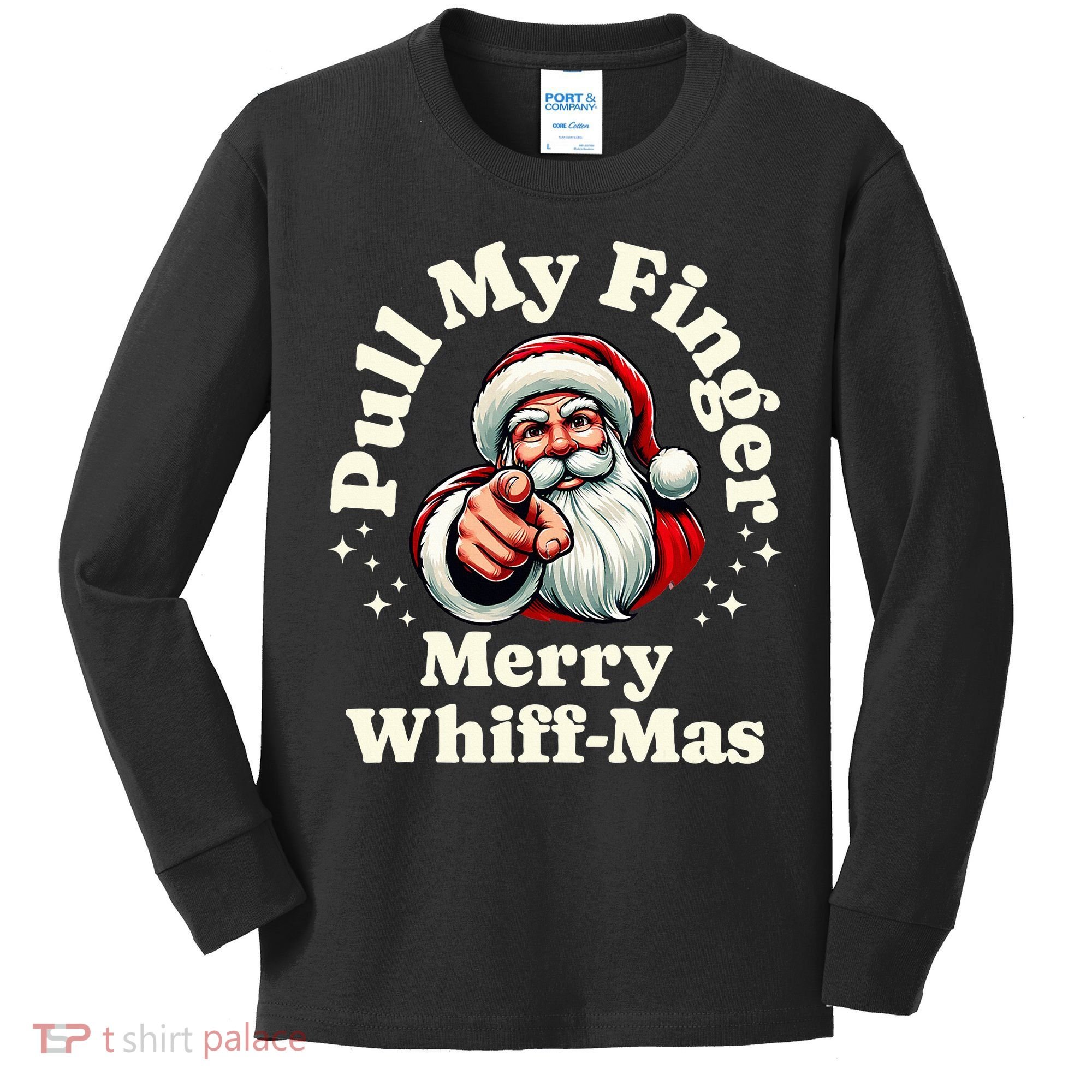 Santa Pull My Finger Christmas Holiday Fart Joke Kids Long Sleeve Shirt