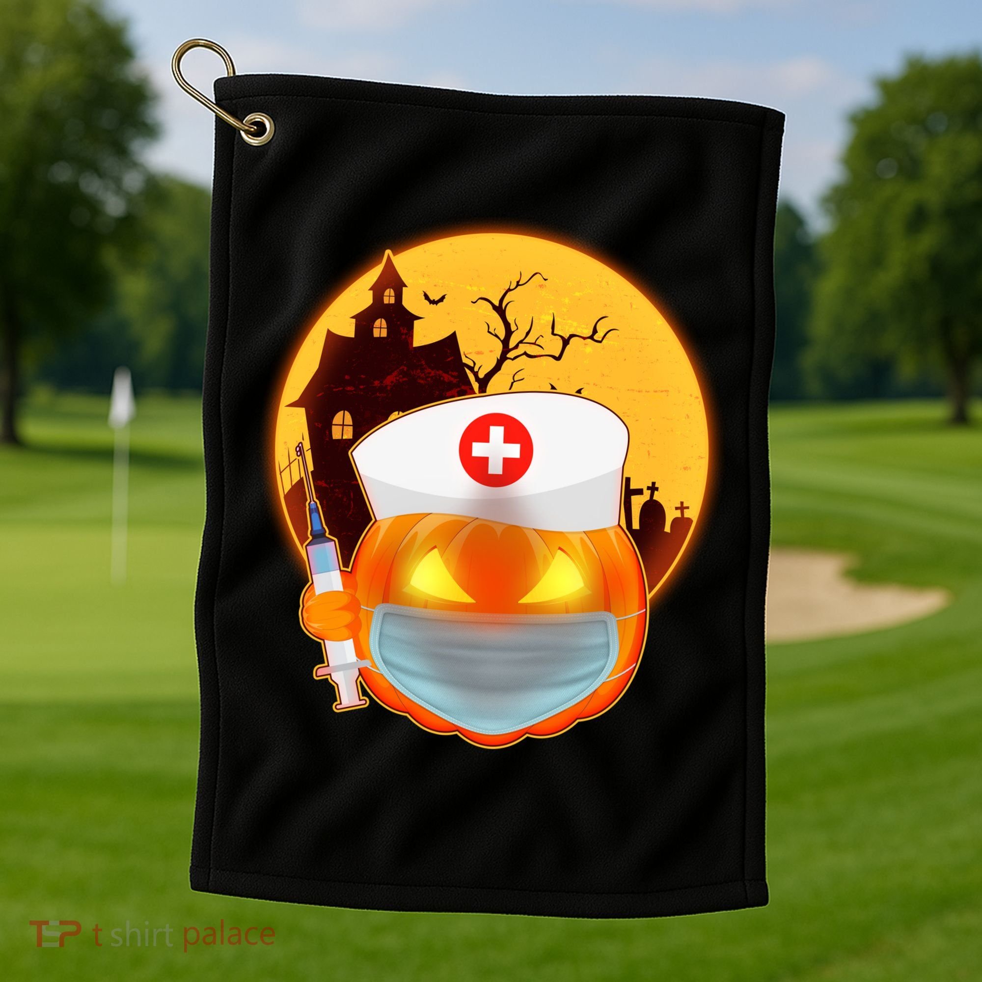 Spooky Halloween Nurse Pumpkin Golf Towel
