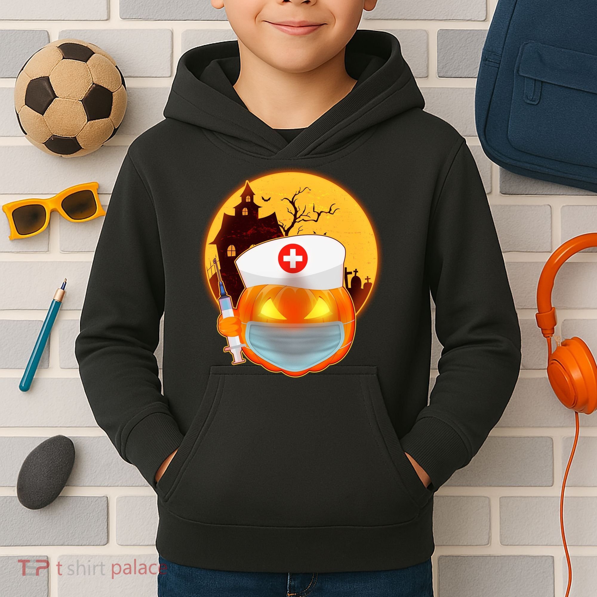 Spooky Halloween Nurse Pumpkin Kids Hoodie