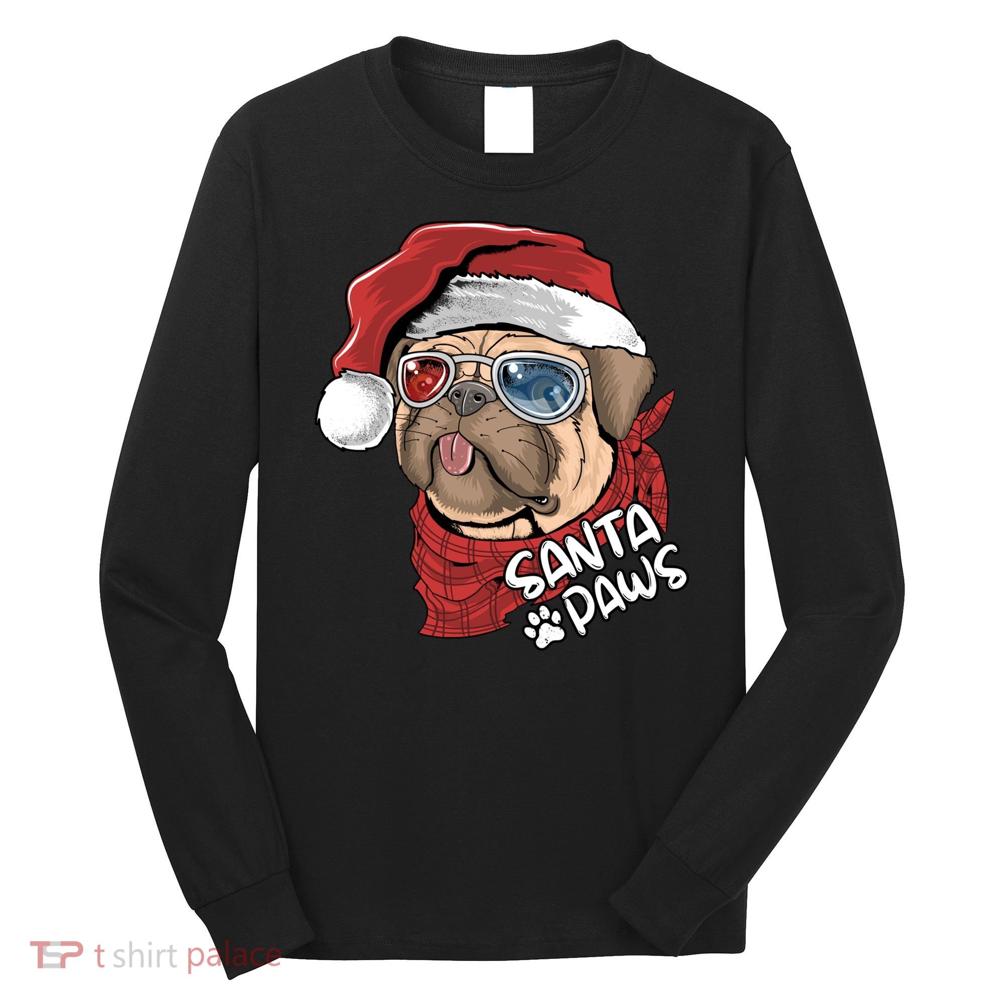 Santa Paws Pug Christmas Tee Kids Boys Xmas Funny Gift Pugmas Gift Long Sleeve Shirt