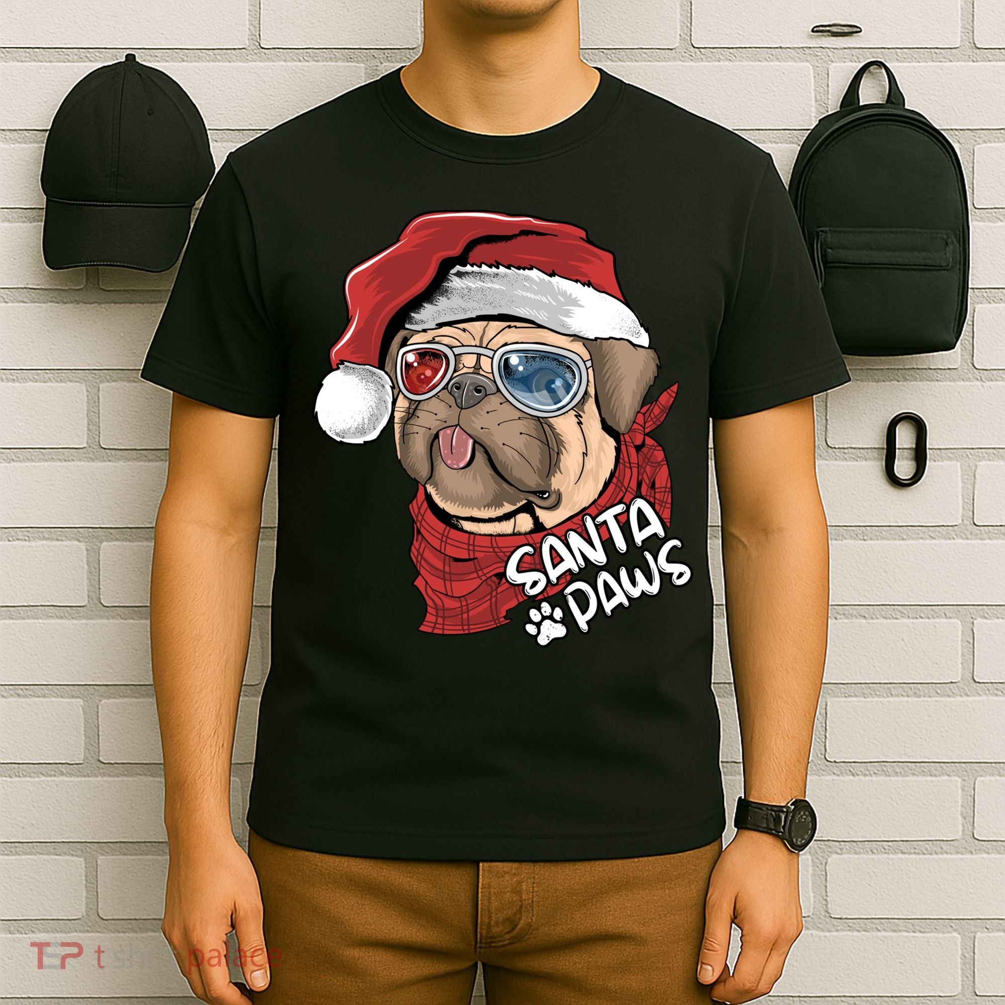 Santa Paws Pug Christmas Tee Kids Boys Xmas Funny Gift Pugmas Gift T-Shirt