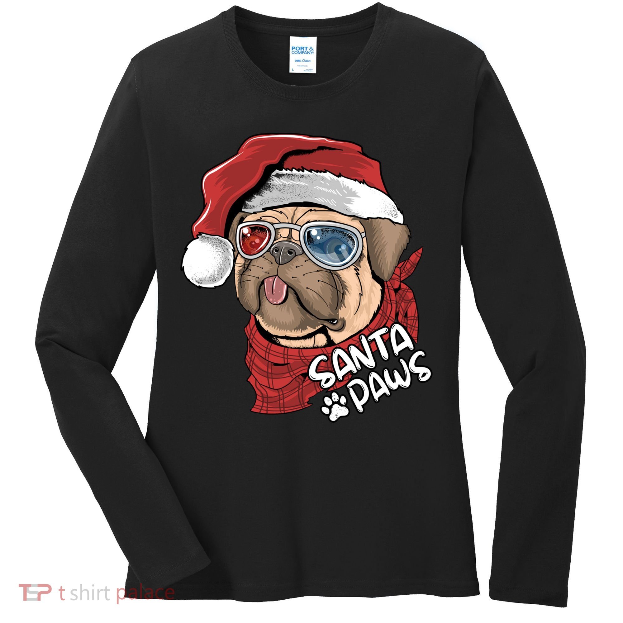 Santa Paws Pug Christmas Tee Kids Boys Xmas Funny Gift Pugmas Gift Women's Long Sleeve Shirt