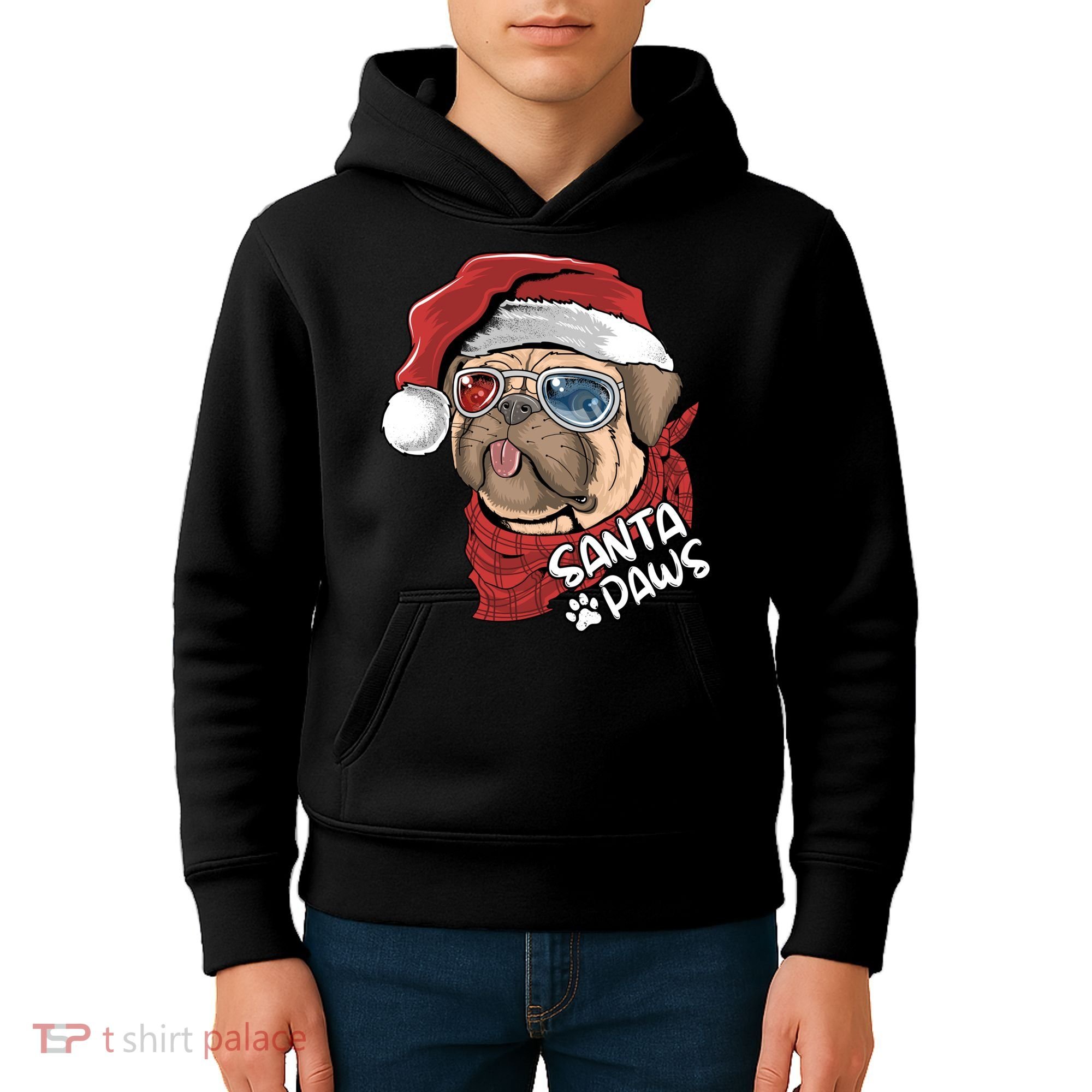 Santa Paws Pug Christmas Tee Kids Boys Xmas Funny Gift Pugmas Gift Kids Hoodie