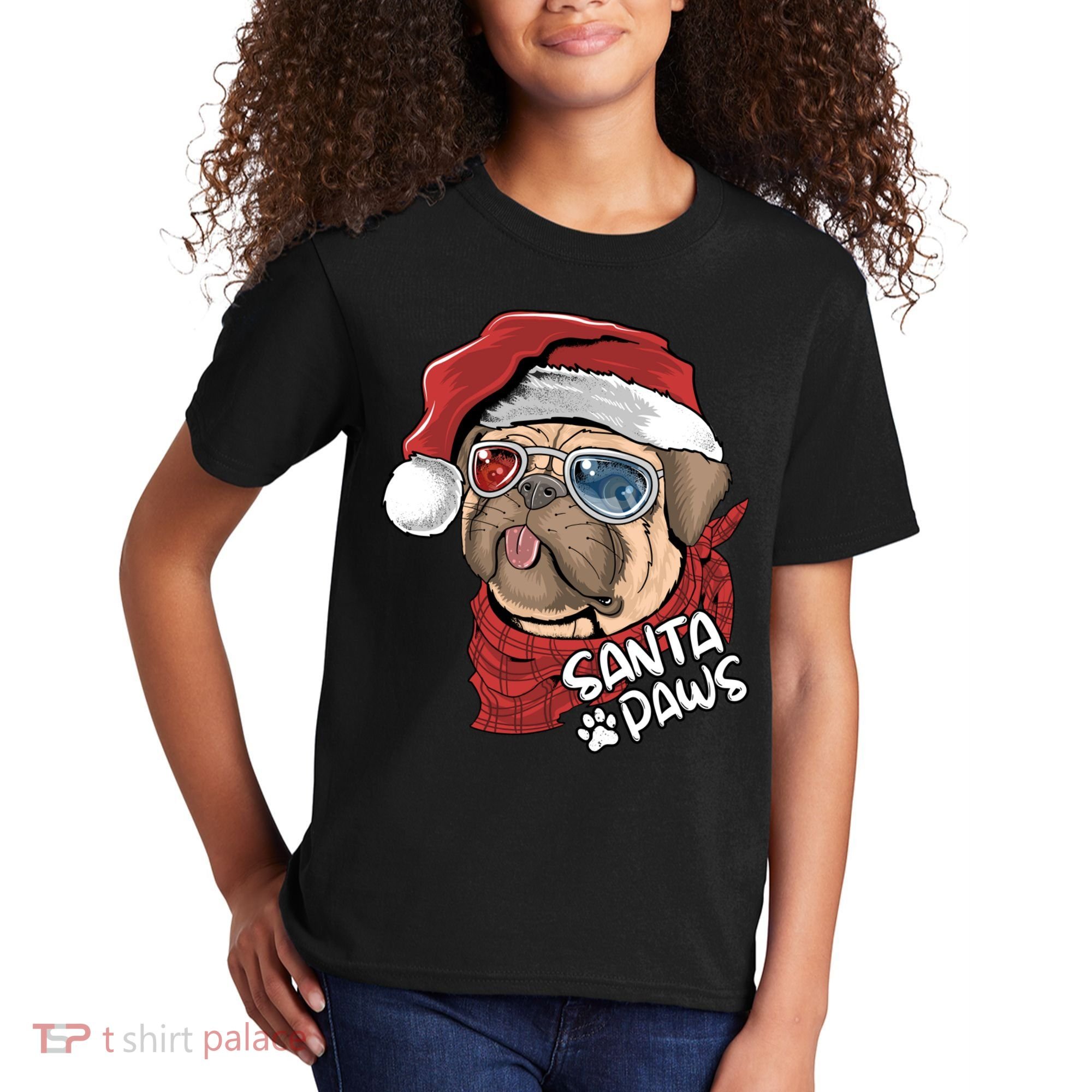 Santa Paws Pug Christmas Tee Kids Boys Xmas Funny Gift Pugmas Gift Kids T-Shirt