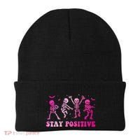 Stay Positive Pink Breast Cancer Halloween Spooky Skeleton Cute Gift Beanie thumb 0