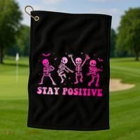 Stay Positive Pink Breast Cancer Halloween Spooky Skeleton Cute Gift Golf Towel thumb 1