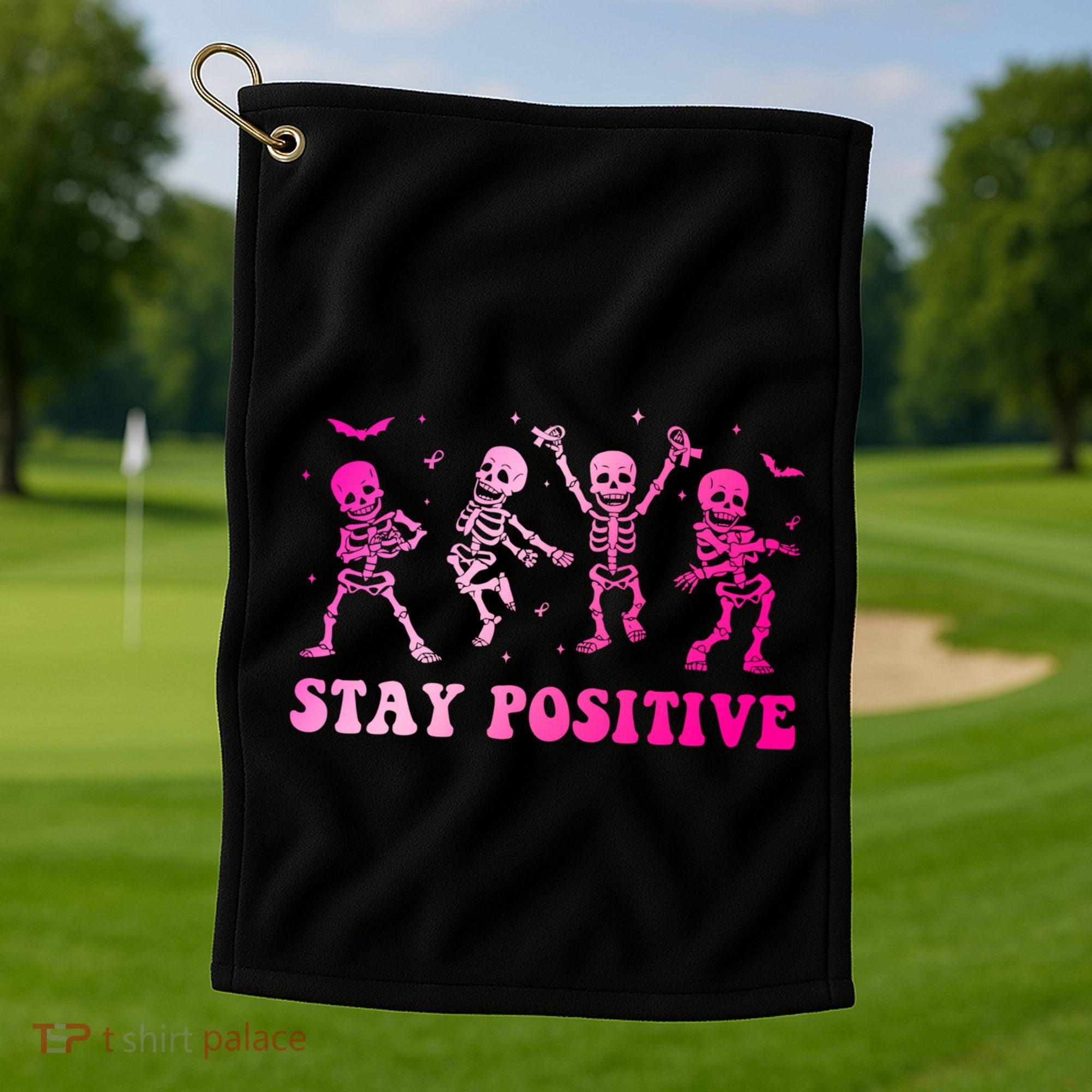 Stay Positive Pink Breast Cancer Halloween Spooky Skeleton Cute Gift Golf Towel