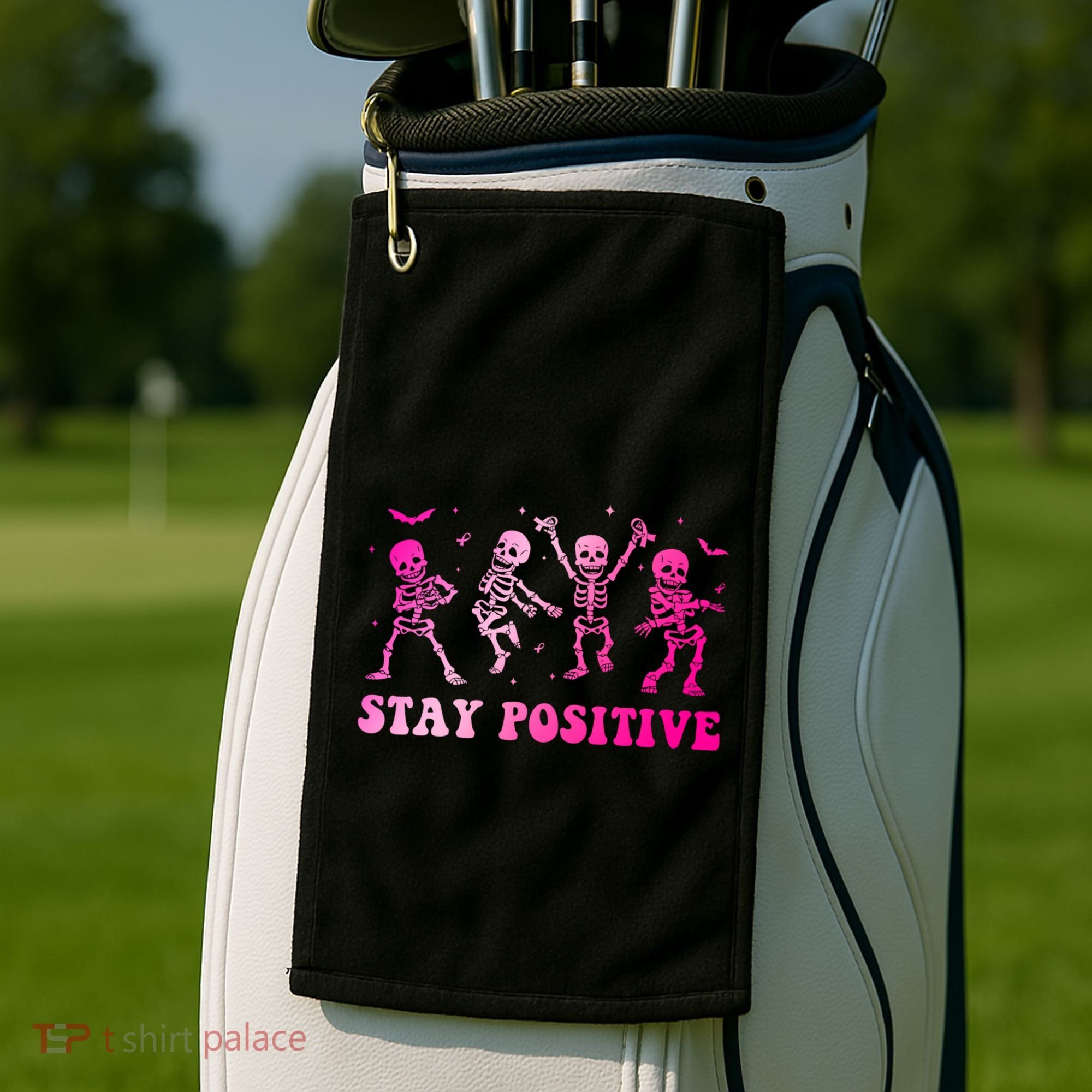 Stay Positive Pink Breast Cancer Halloween Spooky Skeleton Cute Gift Golf Towel