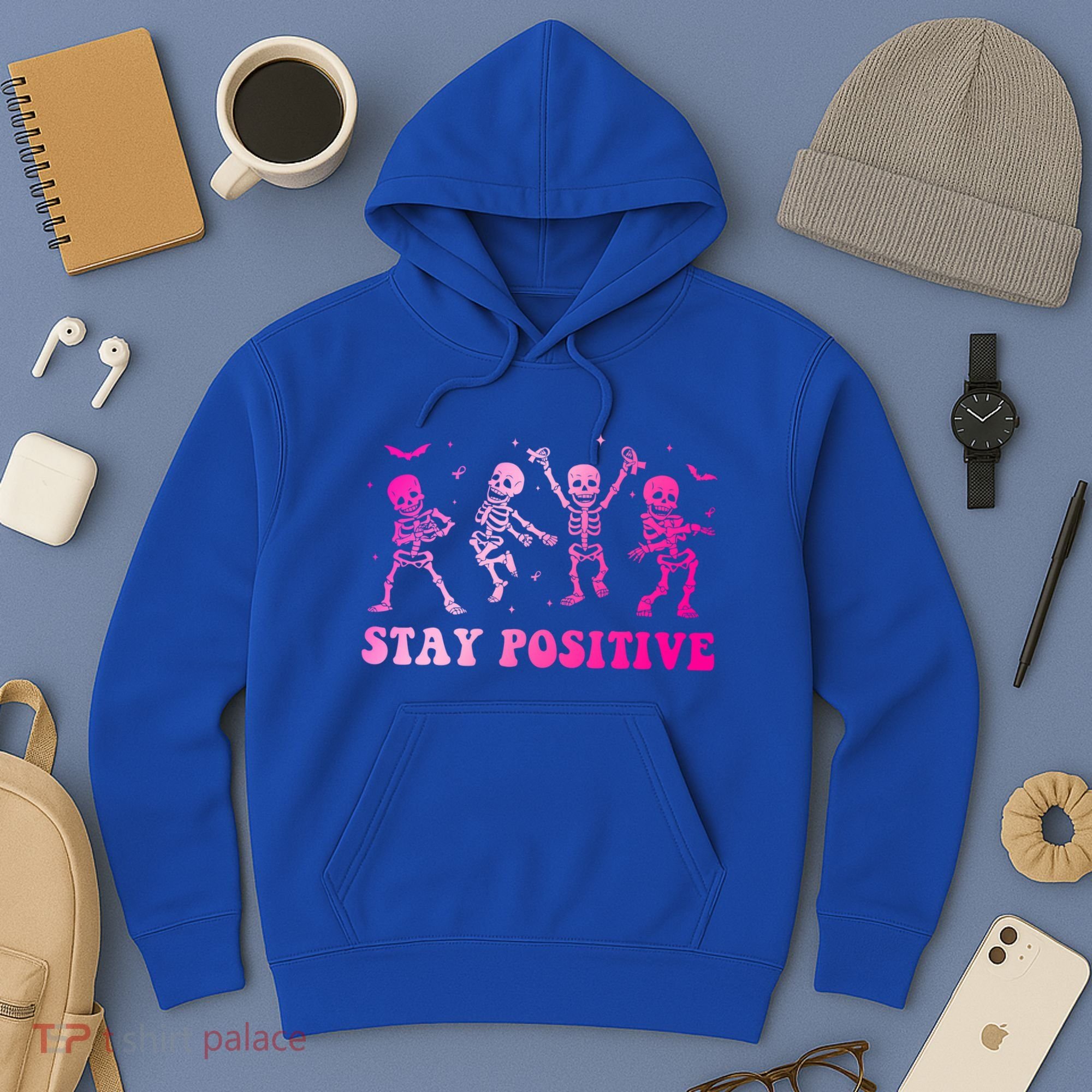 Stay Positive Pink Breast Cancer Halloween Spooky Skeleton Cute Gift Hoodie