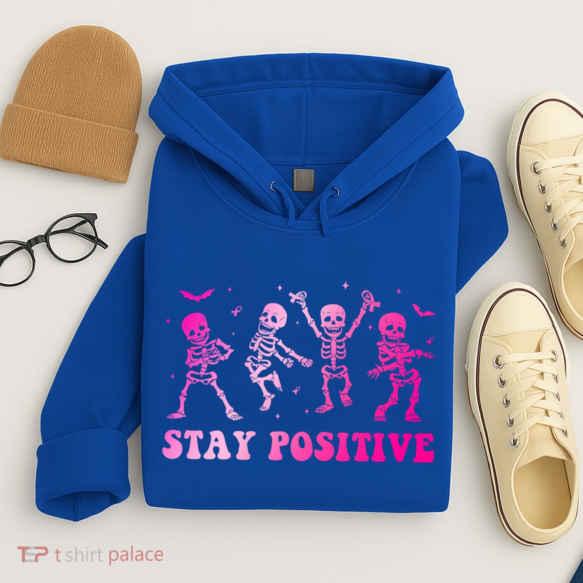 Stay Positive Pink Breast Cancer Halloween Spooky Skeleton Cute Gift Hoodie