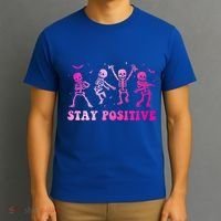 Stay Positive Pink Breast Cancer Halloween Spooky Skeleton Cute Gift T-Shirt thumb 3