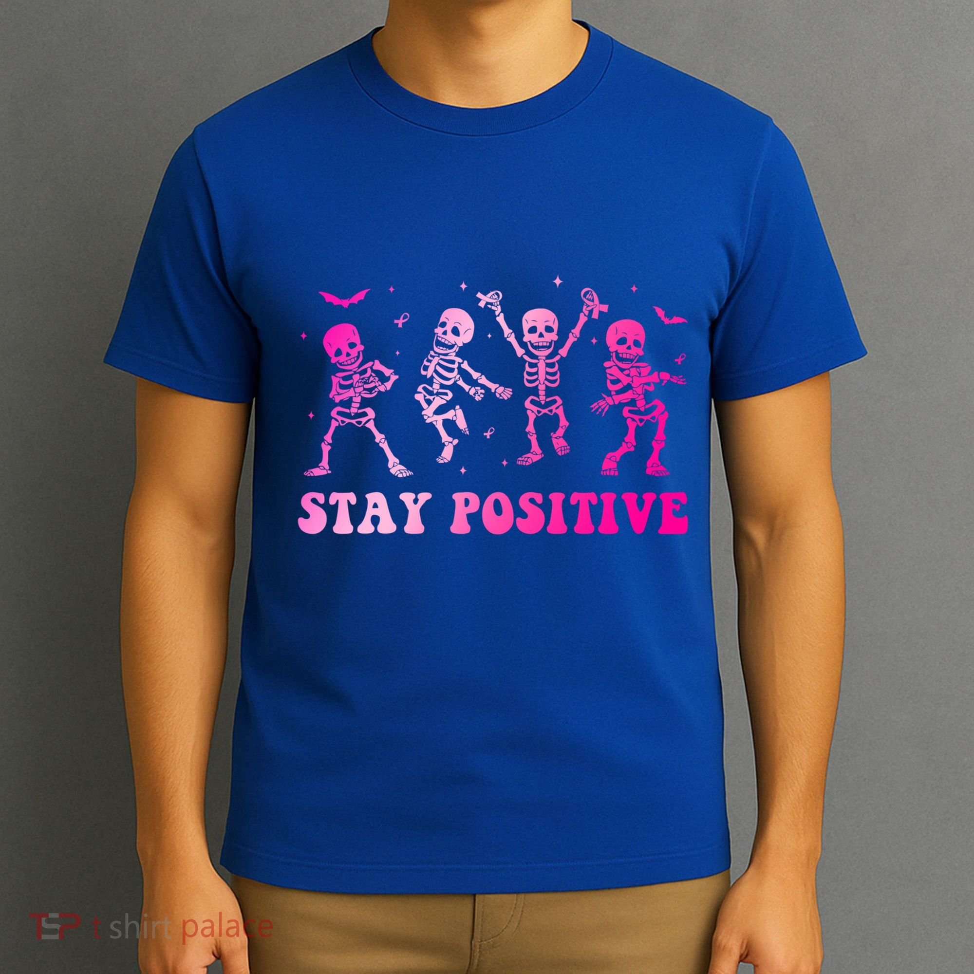 Stay Positive Pink Breast Cancer Halloween Spooky Skeleton Cute Gift T-Shirt