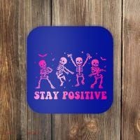 Stay Positive Pink Breast Cancer Halloween Spooky Skeleton Cute Gift Coaster thumb 0