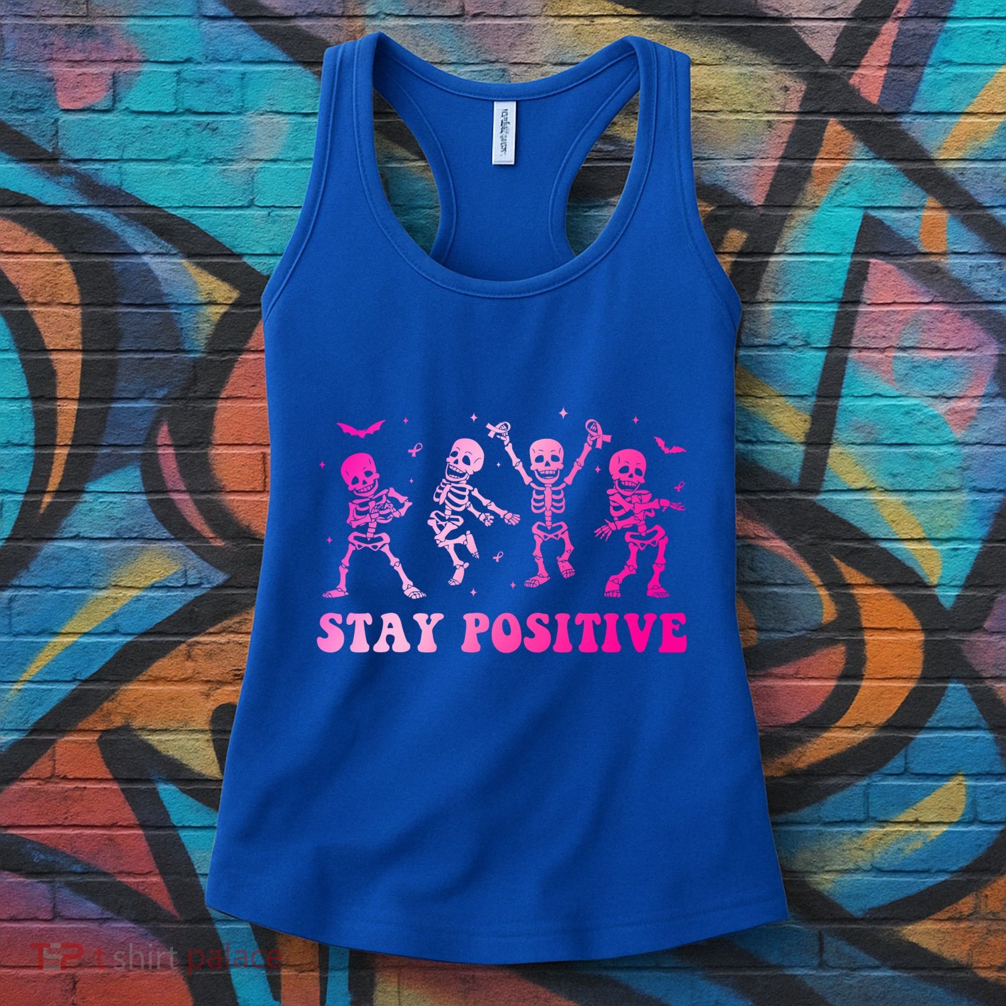 Stay Positive Pink Breast Cancer Halloween Spooky Skeleton Cute Gift Women's Tank Top