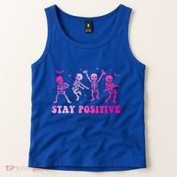 Stay Positive Pink Breast Cancer Halloween Spooky Skeleton Cute Gift Tank Top thumb 2