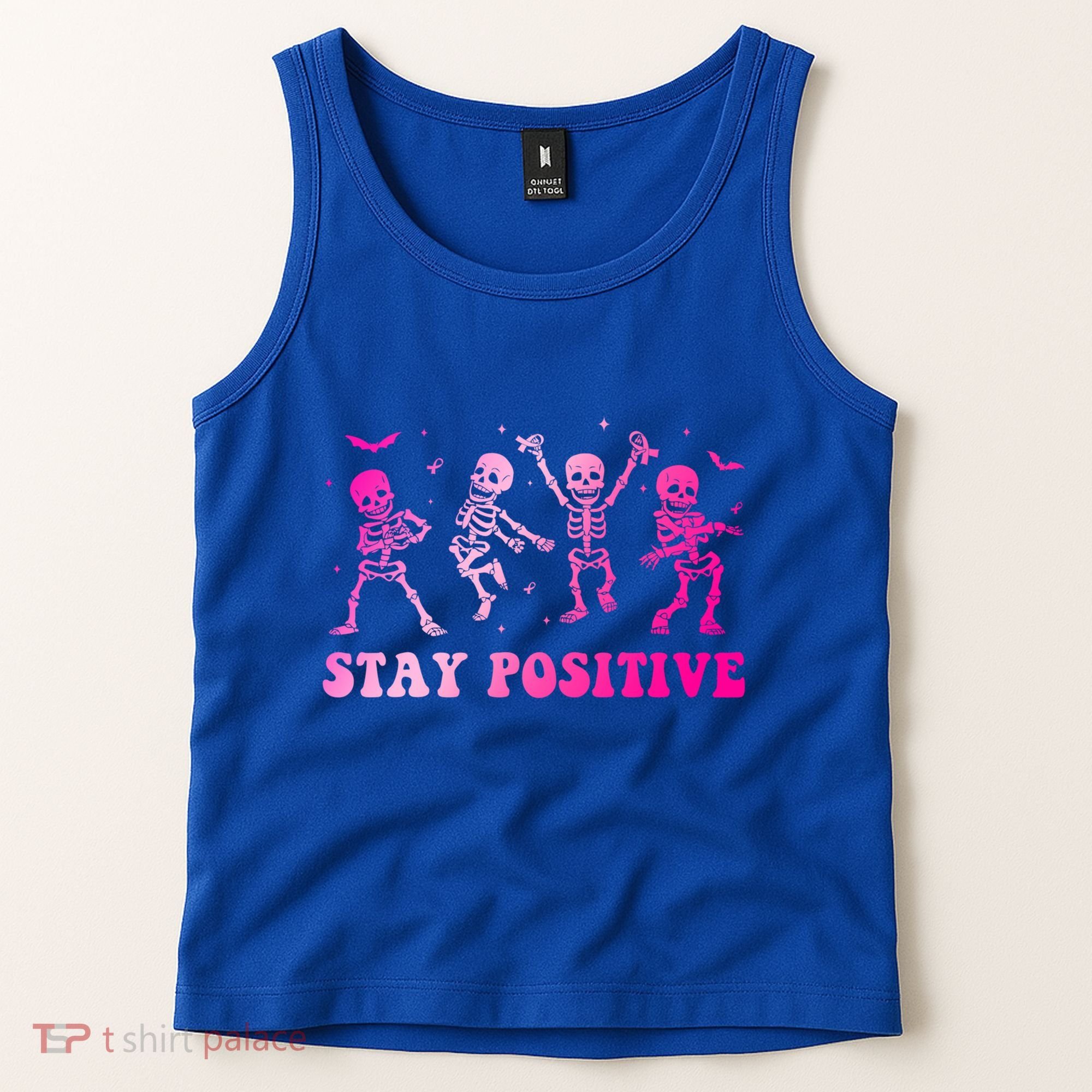 Stay Positive Pink Breast Cancer Halloween Spooky Skeleton Cute Gift Tank Top