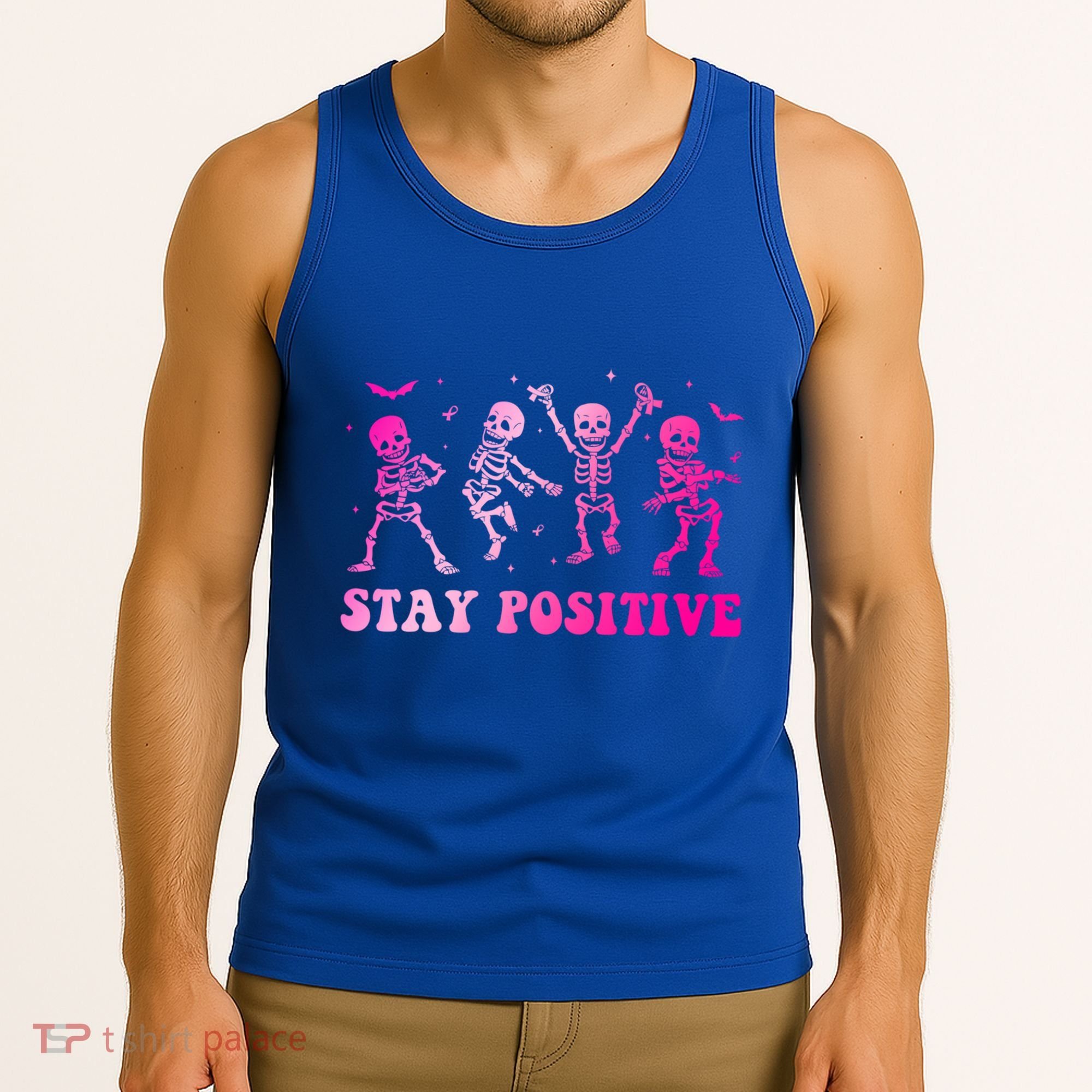 Stay Positive Pink Breast Cancer Halloween Spooky Skeleton Cute Gift Tank Top